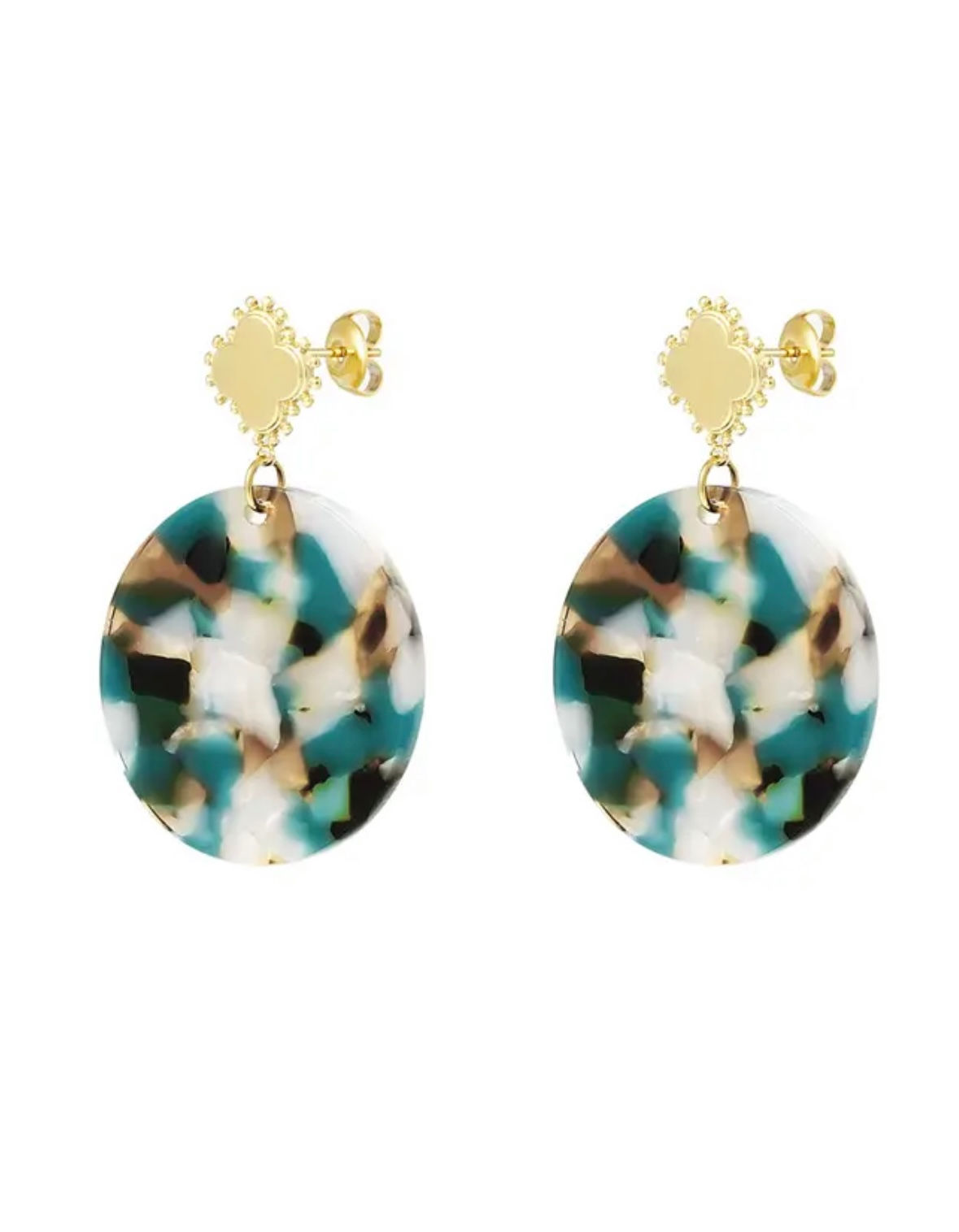 Earring clover with circle - gold/green