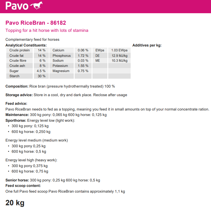 Thumbnail: Pavo RiceBran Topping for a hit horse with lots of stamina - 20Kg