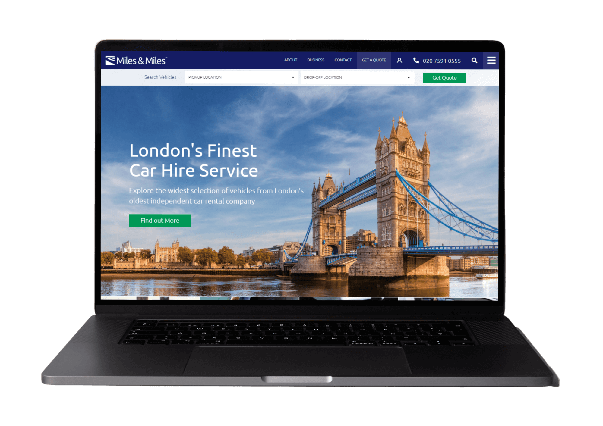 Web design mockup for Miles & Miles, featuring a sleek, user-friendly interface for car rentals and seamless navigation.
