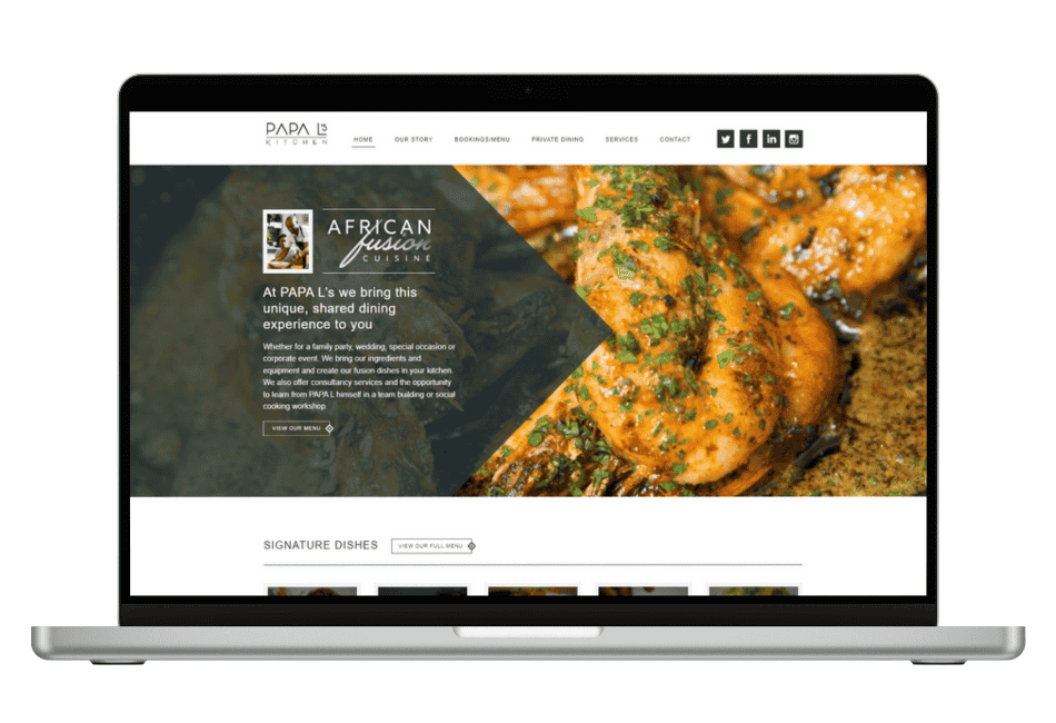 Screenshot of the redesigned Papa L’s Kitchen homepage, showcasing vibrant African-inspired visuals, clear navigation.