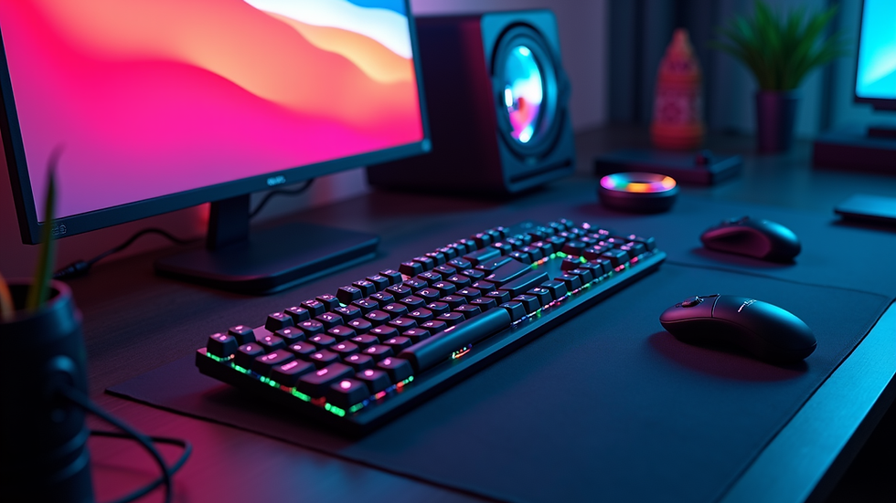 High angle view of a gaming setup with multiple accessories