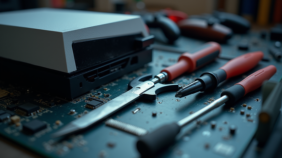 Eye-level view of a gaming console repair kit with tools neatly arranged