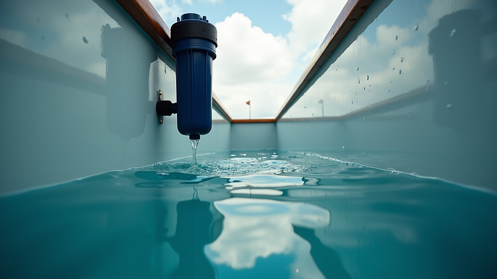 Eye-level view of a yacht water tank with filtration system attached