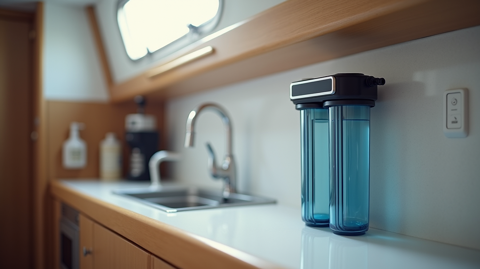 Eye-level view of a compact automatic water purification system installed in a yacht cabin