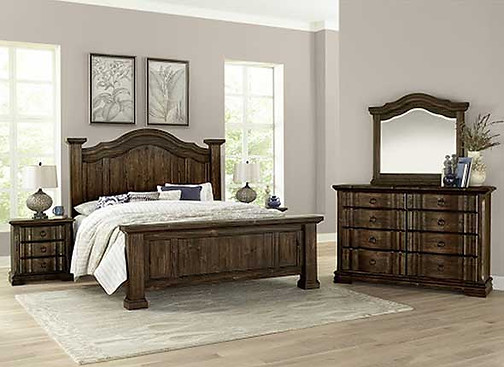 A photo of a Vaughan-Bassett bedroom suite in a dark wood finish, dresser, mirror, bed and nightstand