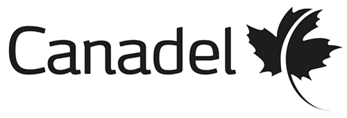 A black and white Canadel furniture logo with leaf insignia.