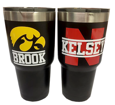 Vinyl Cutouts applied to Yeti cups.