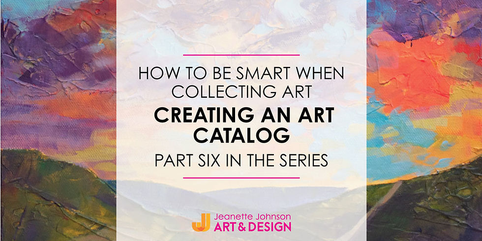 Title of article "how to create an art catalog" overlaid on a painting a bright sunset.