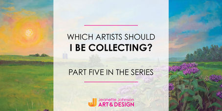 Title of article "which artists should I be collecting" overlaid on a painting of a pasture at sunset.