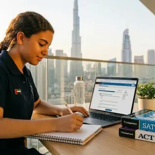 Student in Dubai preparing for the Digital SAT on a laptop overlooking the Burj Khalifa skyline