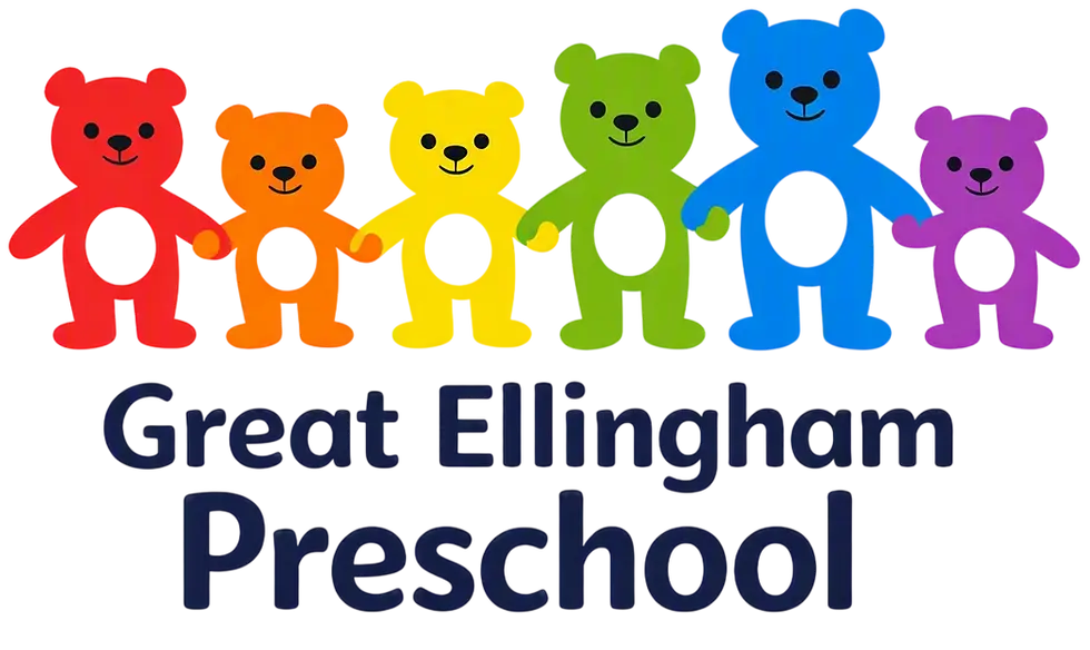 Six coloured teddies of different heights holding hands above the school name