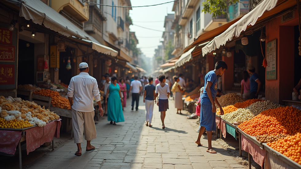 Wide angle view of a colorful street market in a foreign city