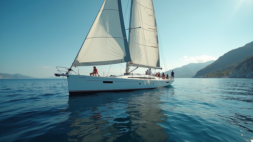 Wide angle view of a group sailing on a yacht near Greek islands