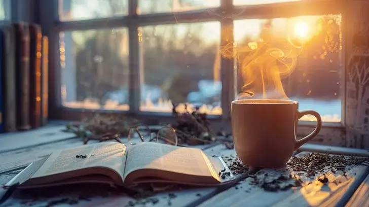 Steaming mug beside an open book on a table, with glasses and leaves, against a sunlit window backdrop, creating a cozy, warm ambiance.
