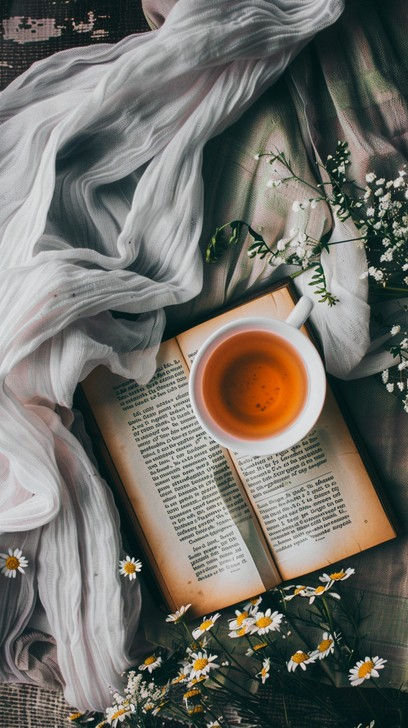 Open book with a cup of tea on sheer white fabric, surrounded by daisies and greenery, creating a soft, cozy mood.