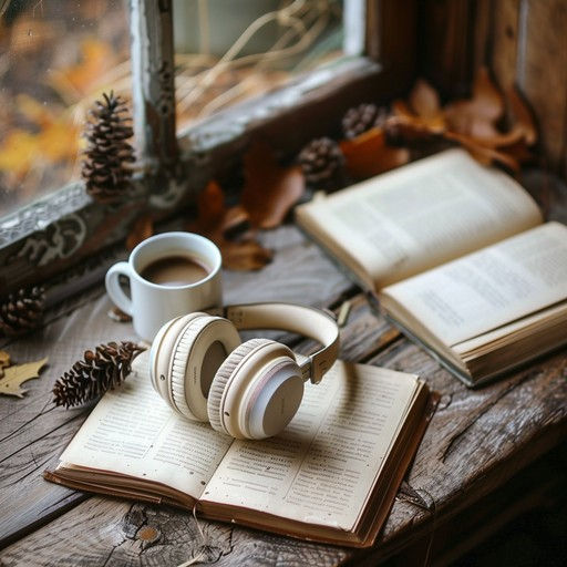 Cozy reading nook with white headphones on an open book, a coffee mug, and another open book by a window with pinecones and fall leaves.