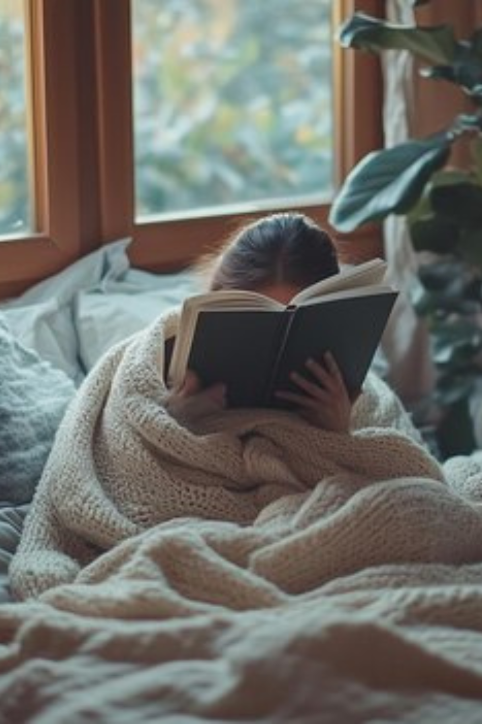 A person wrapped in a beige blanket reads a book by a window. Green plant in the background, creating a cozy and peaceful atmosphere.