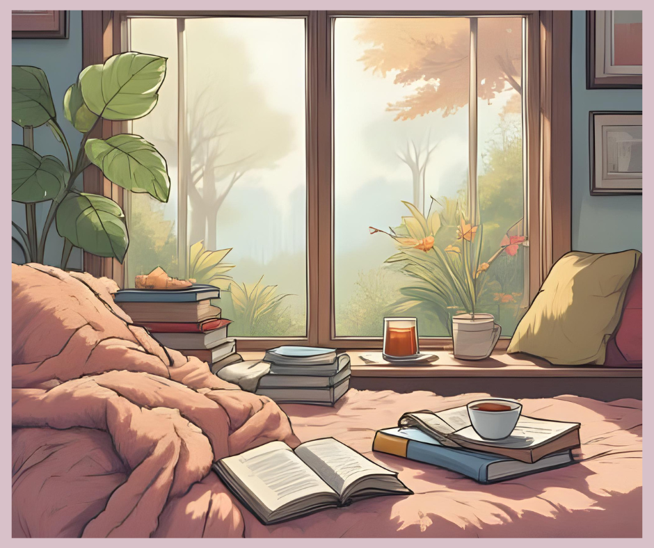 Cozy room with books and tea on a bed by a window. Sunlit view of garden outside. Warm colors, peaceful mood.