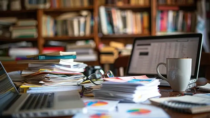 Cluttered desk with two laptops, piles of papers, graphs, a mug, and glasses, set in a home office with a bookshelf in the background.