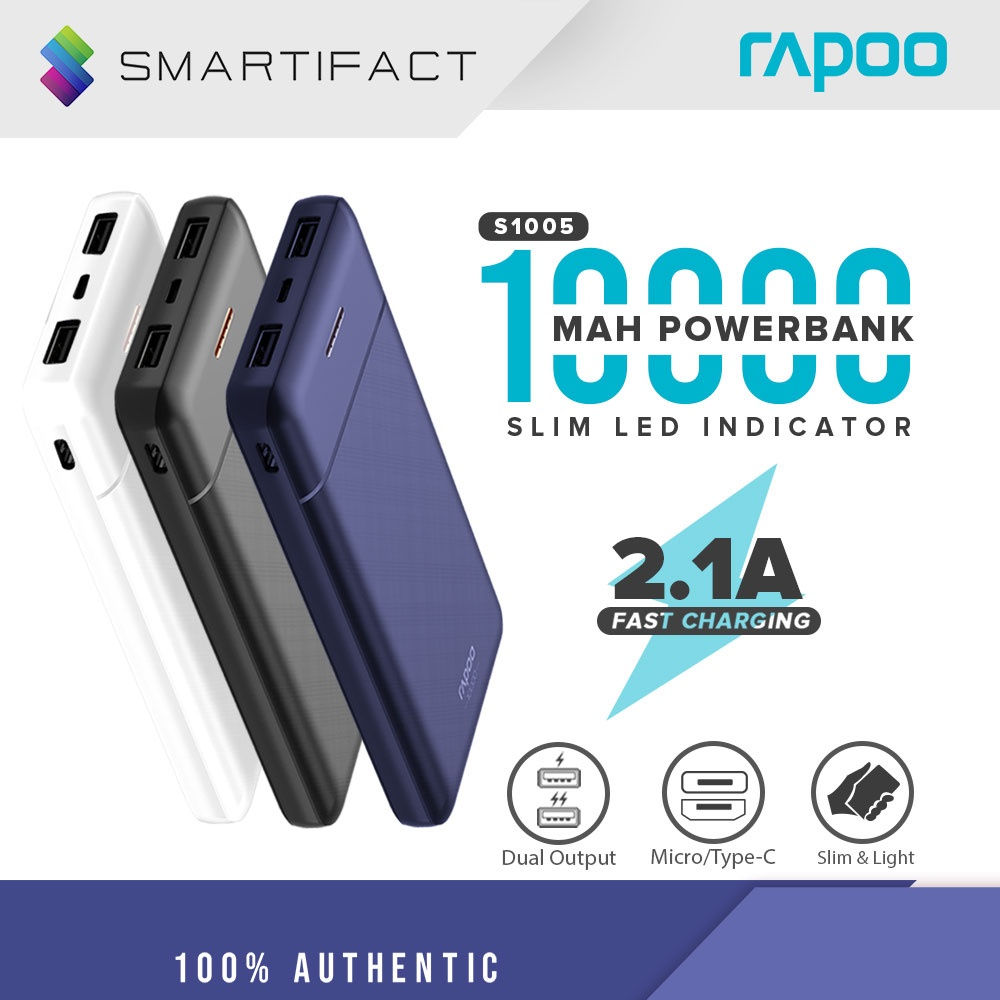 (New Design) Rapoo S1005 10000mAh Powerbank Original Slim And Tiny power bank