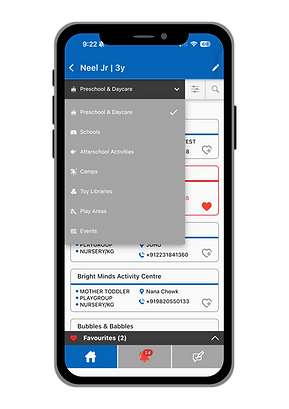 Schoolin app showing our 7 categories preschools, schools, afterschool activities, camps, events, book & toy libraries, play areas