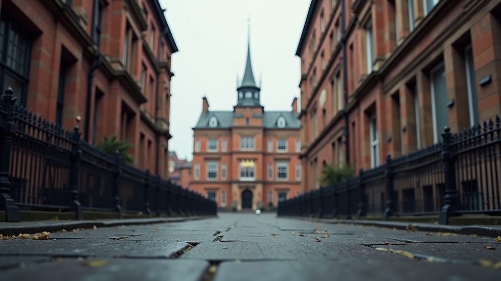 Eye-level view of the historic architecture of a North Manchester building