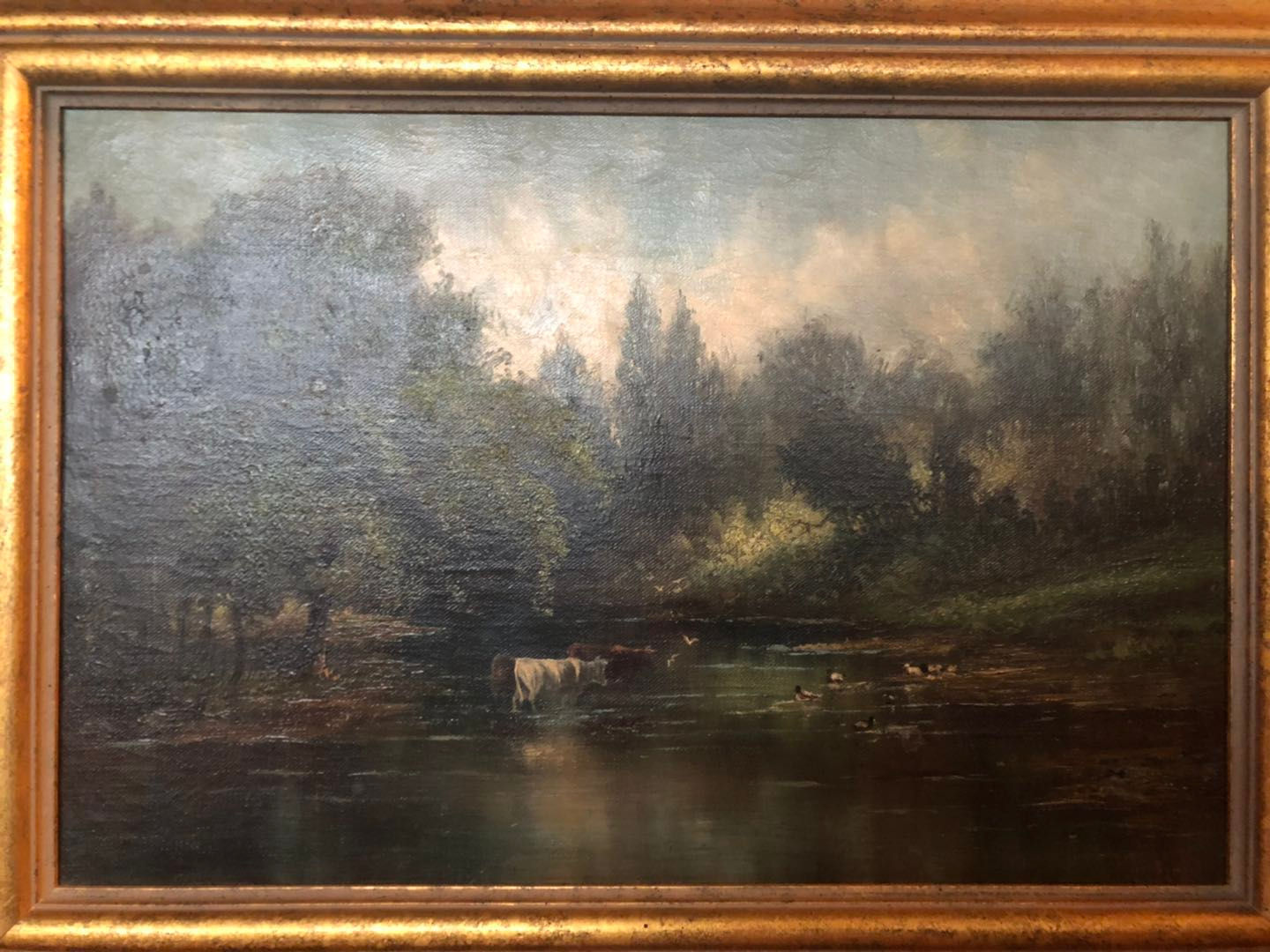Antique Oil Painting Lake moo-cow