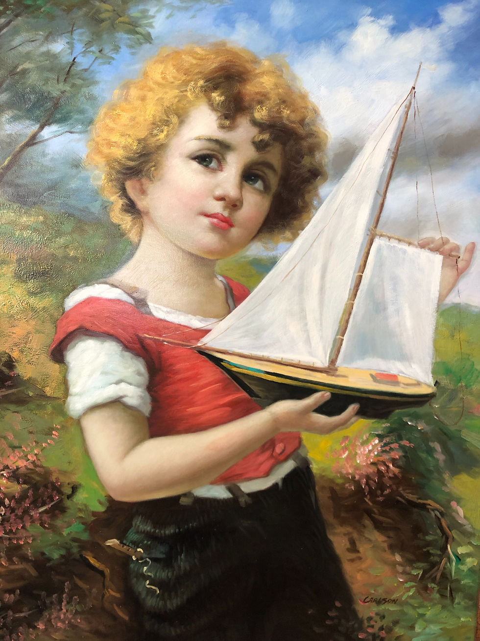 Thumbnail: Antique Oil Painting Girl Sail Boat by Carlson 