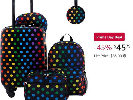 🔥45% OFF Amazon Prime Day Deal 🔥 – 45.79 Travelers Club 5 Piece Kids’ Luggage Set, Black Polkadot!! Grab yours before they’re gone!