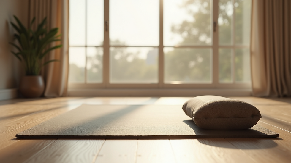 Close-up view of a yoga mat and meditation cushion in a peaceful room