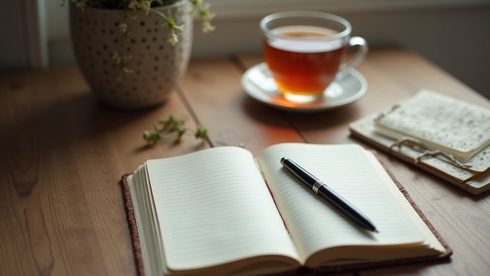 Close-up view of a cozy corner with a journal, pen, and a cup of herbal tea