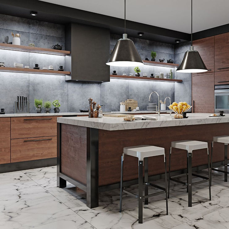 a modern kitchen with dark wood and concrete accents