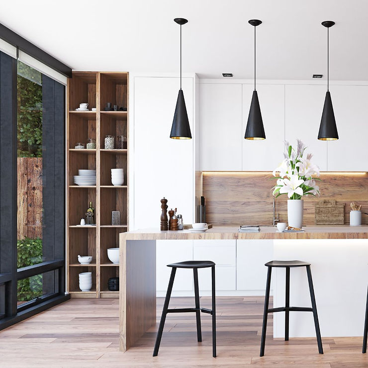 a modern kitchen with natural wood and black metal accents