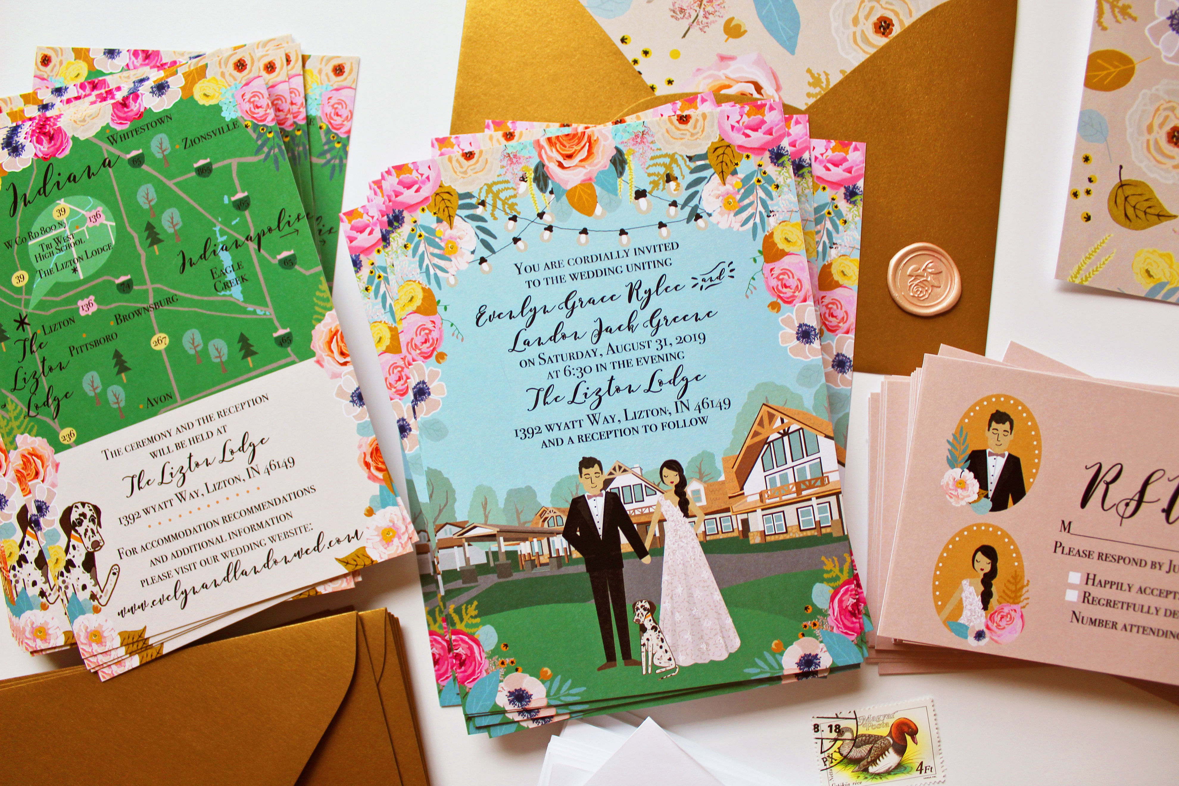 Invitation Suite, Invite Card, RSVP, Map/Reception Card, Custom Illustration