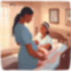 A caring scene of a nurse or midwife visiting a new mother and her newborn at home. The se