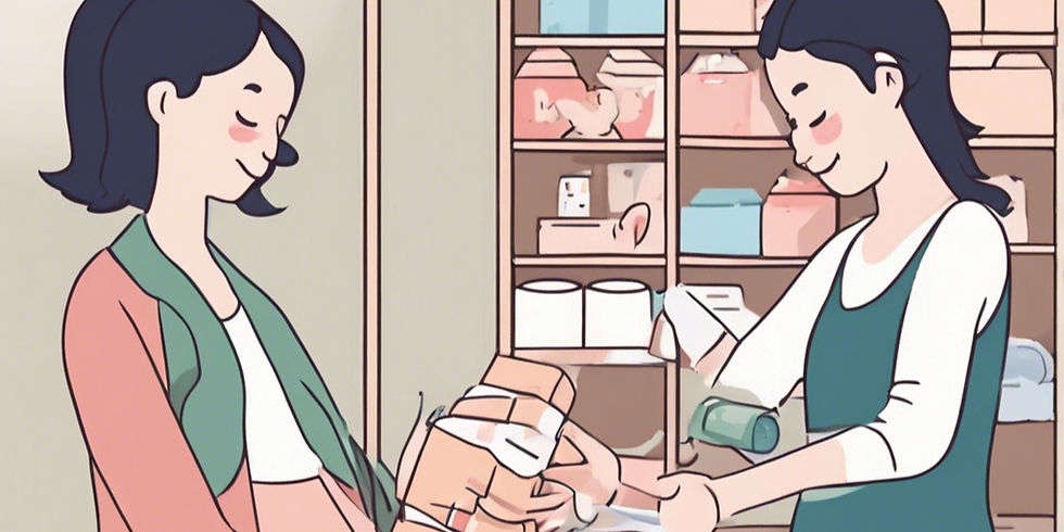 a woman who give to another woman a bunch of maternity product .jpg