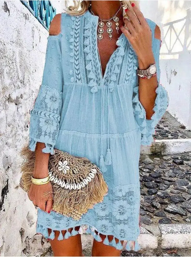 Thumbnail: Embroidery Crochet Lace Boho Dress Women Elegant Off Shoulder