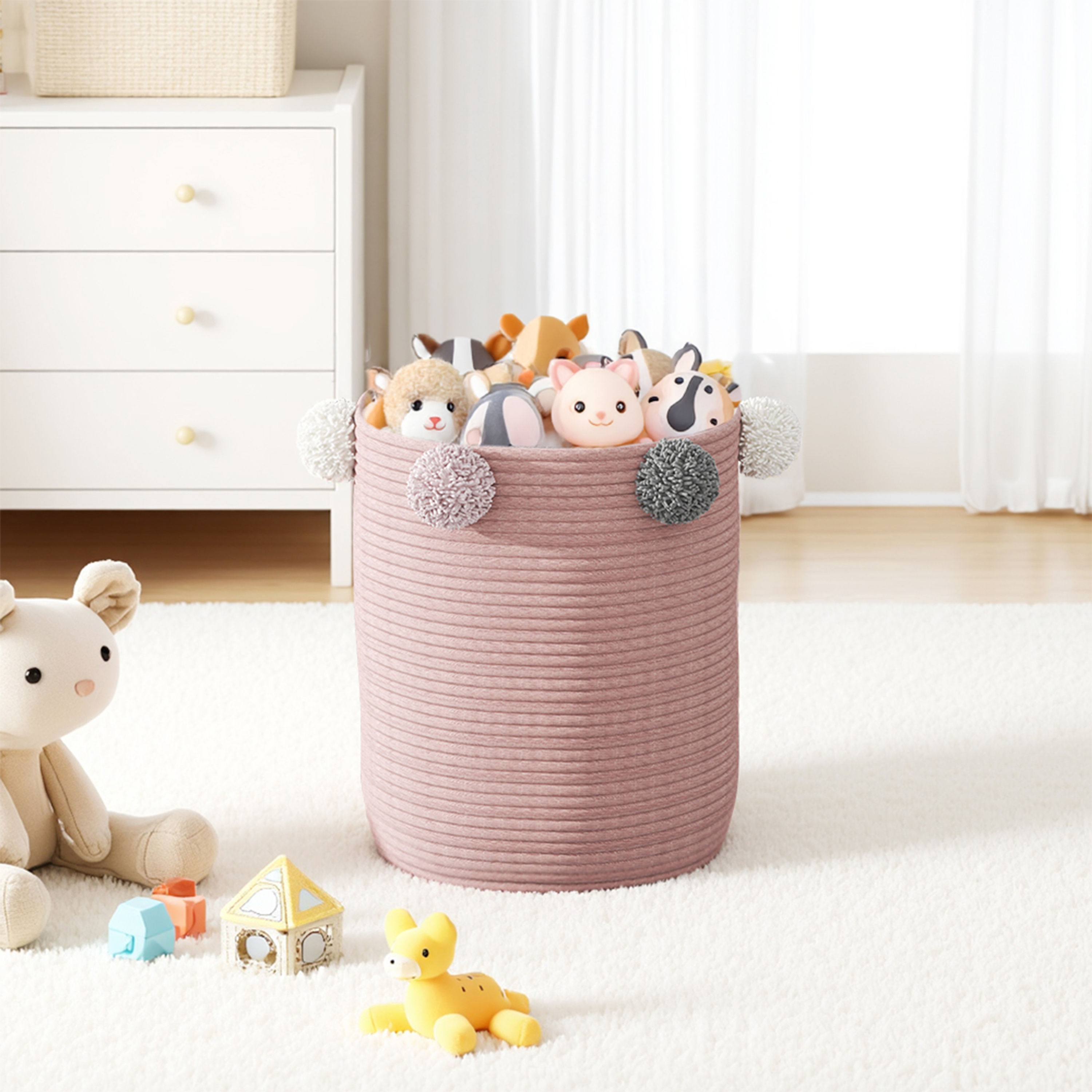Cotton Rope Basket Woven Laundry Blanket Toy Basket Organizer with Pompom Living