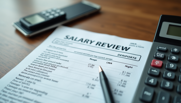 High angle view of a desk with a pay stub and a calculator