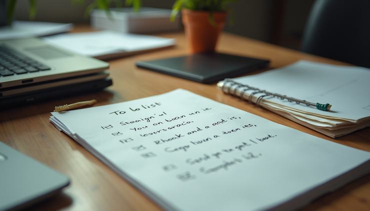 Eye-level view of a cluttered desk with an unfinished to do list and scattered notes