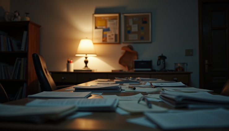 Eye-level view of a cluttered desk with scattered papers and a dimly lit lamp