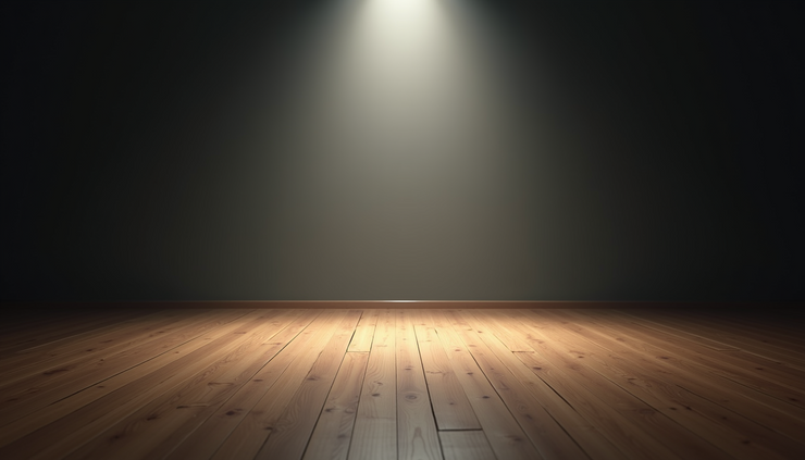 High angle view of a single spotlight shining on a wooden floor in an empty room