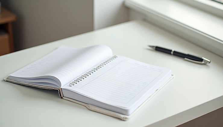 Eye-level view of a minimalist desk with a notebook and pen for tracking progress