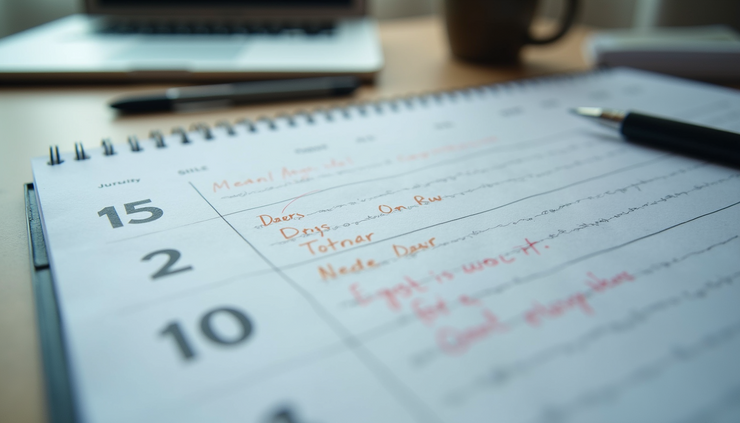 Close-up view of a calendar with marked deadlines and notes