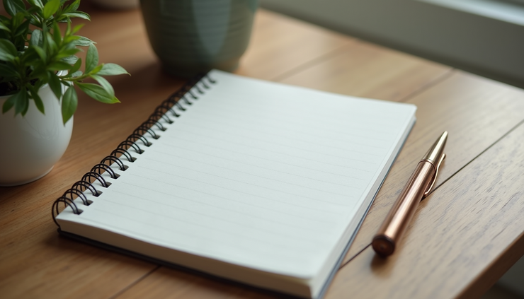 High angle view of a desk with a notebook, pen, and a small plant