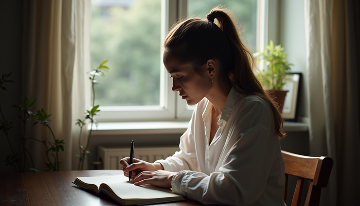 Eye-level view of a person sitting by a window with a notebook and pen, thoughtfully writing
