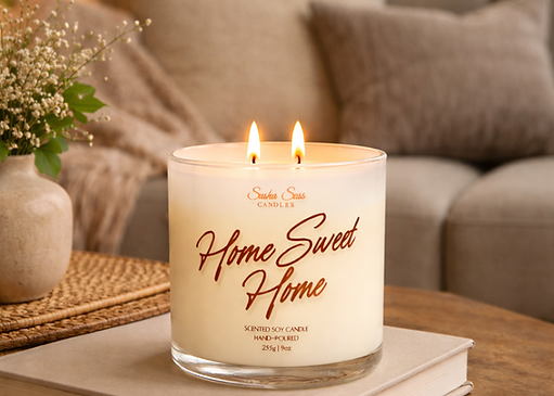 Home sweet home soy candle sitting on book inside livingroom next to green plant.