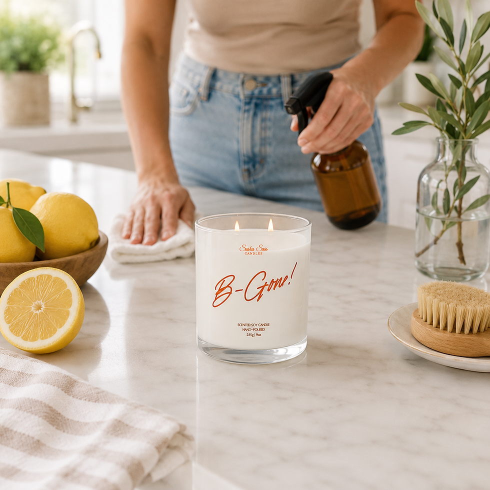 Woman cleaning countertop while burning B-Gone soy candle