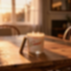 Sunset 9 oz soy candle on brown wooden table with wooden lid leaning beside jar