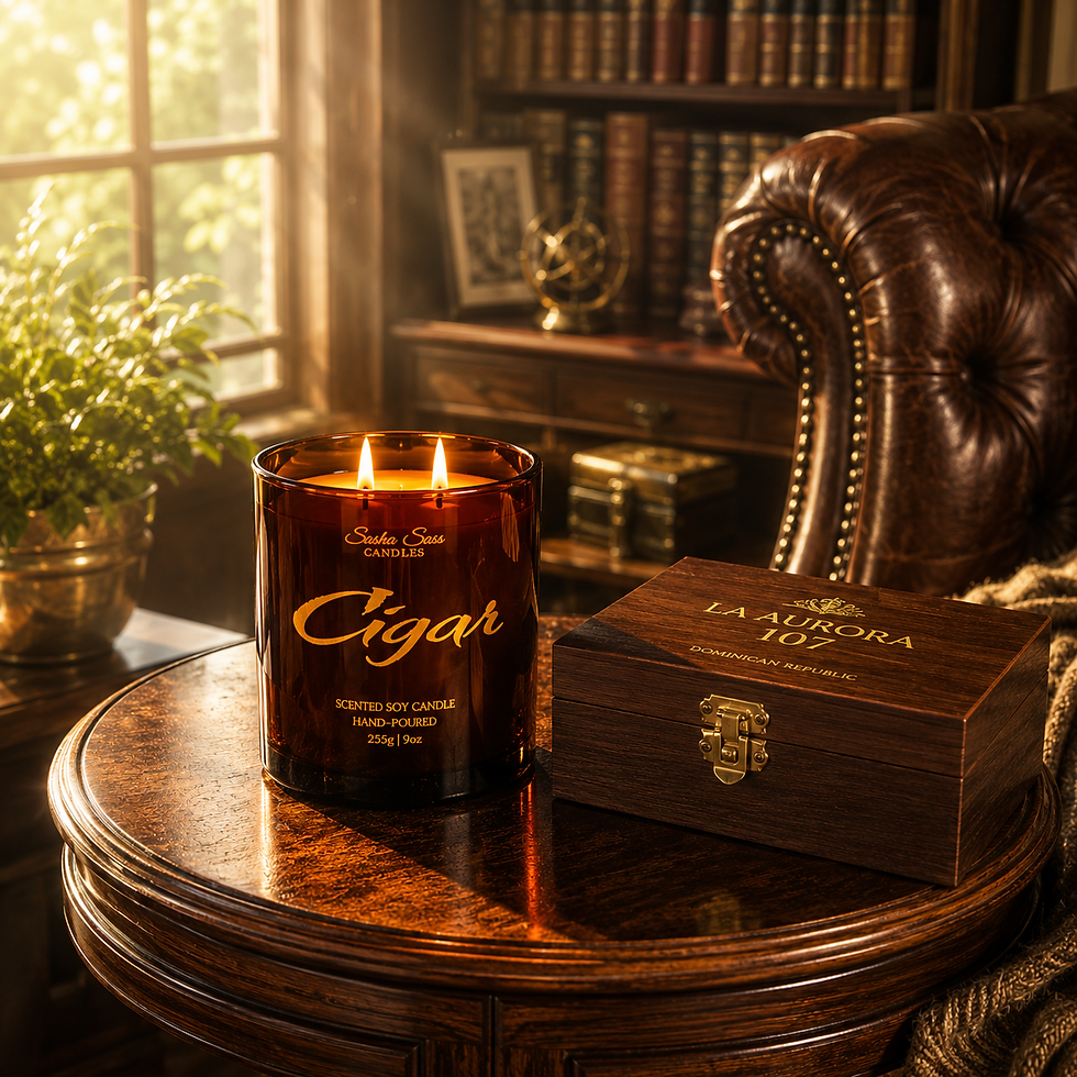 Cigar 9 oz soy candle in glass in living room of home